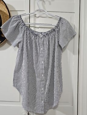 Striped Off-Shoulder Button-Front Blouse in Navy and White 100% Cotton.